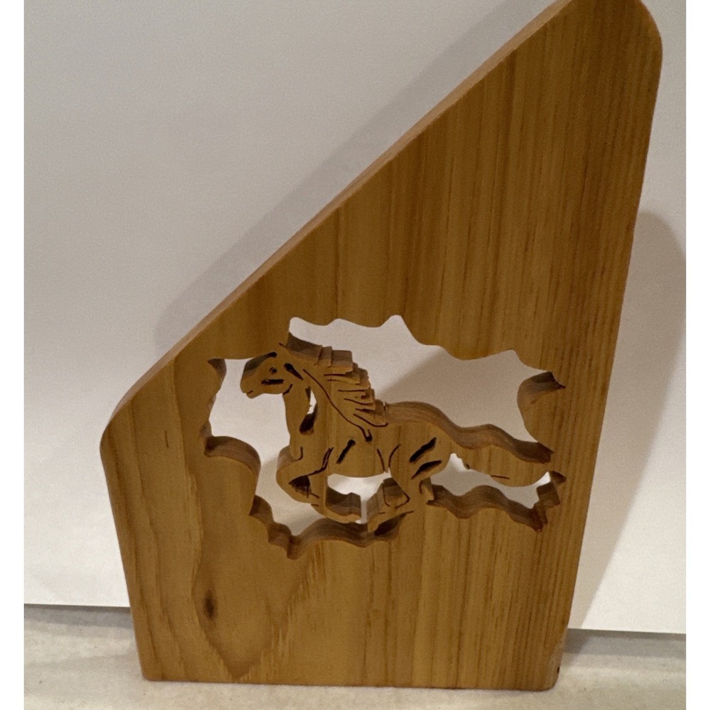Vintage Carved Wood Napkin Holders Galloping Horse Light Oak Cabin Mountain West